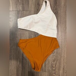 One-Shoulder White and Orange Swimsuit